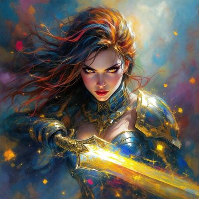 The primary subject of the image is a woman with red hair, wearing a suit and holding a sword. She appears to be a warrior or a character from a fantasy story. The setting is a colorful background, which adds to the overall atmosphere of the image. The visual style is a combination of digital art and illustration, creating a vibrant and dynamic scene. The colors in the image are predominantly red, gold, and blue, which contribute to the warrior's fierce and powerful appearance.